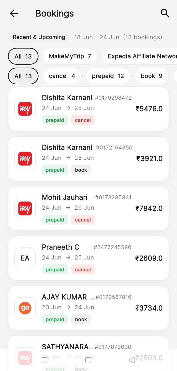 Billzify app bookings screen showing MakeMyTrip, Goibibo and Expedia hotel bookings with prepaid status