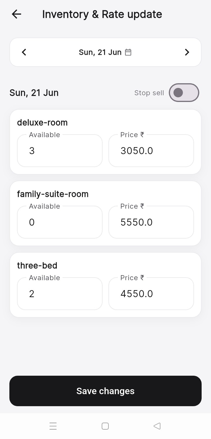 Billzify app inventory and rate update screen with room-wise price, availability and stop sell option